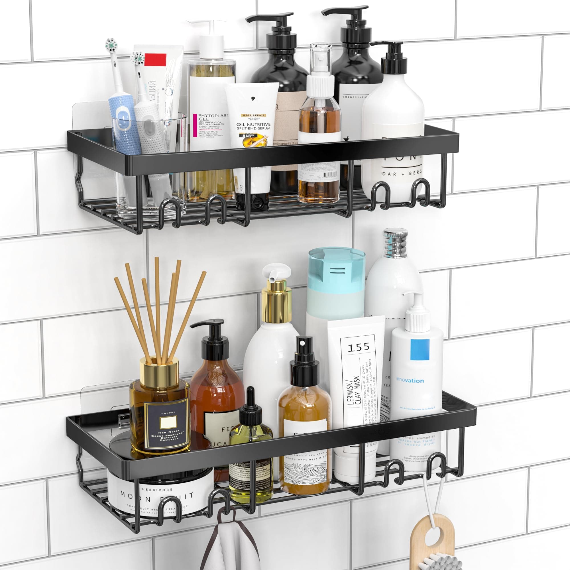 Moforoco Shower Caddy Shelf Organizer Rack, Self Adhesive Black Bathroom Shelves Basket, Home Farmhouse Wall Inside Organization and Storage Decor Rv Accessories, First Camper Apartment Essentials